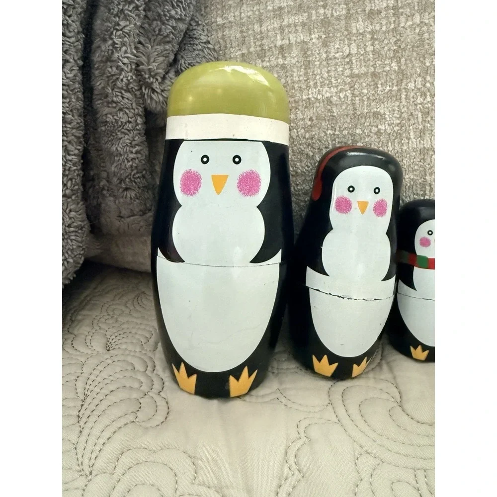 Hand Painted Wooden Penguin Nesting Doll Figurines, Set of 5, 10 in